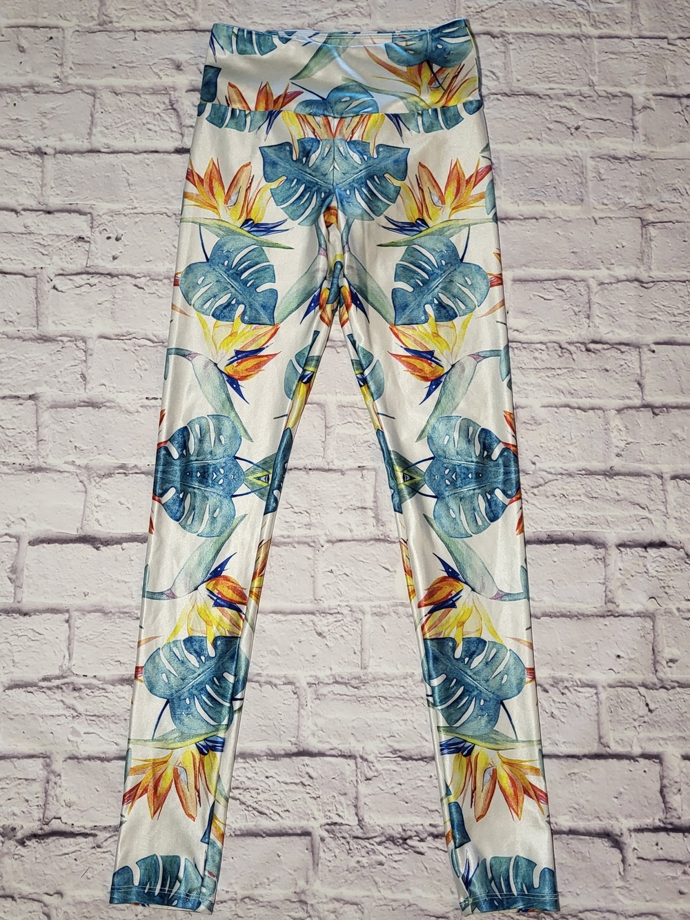 Goldsheep Leggings Tropical Palm Womens Small White Shiny Pilates Yoga